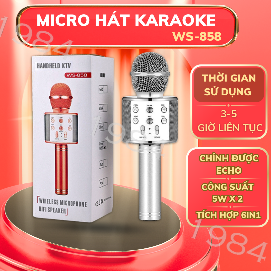 Micro Hát Karaoke Cầm Tay 858 Đa Năng 6 TRONG 1 Tiện Dụng Chất Lượng Cao Mic Hát Bluetooth Mini