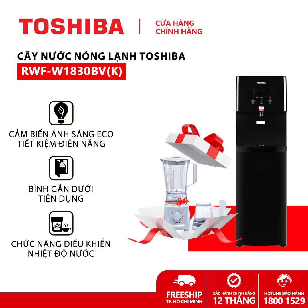 [TRẢ GÓP 0%] Cây nước nóng lạnh Toshiba RWF-W1830BV(K) - Chức năng Eco, tiết kiệm điện, Nút cảm ứng, Tự ngắt điện khi quá tải, Khoá vòi nước nóng. Hàng chính hãng, bảo hành 12 tháng, chất lượng Nhật Bản