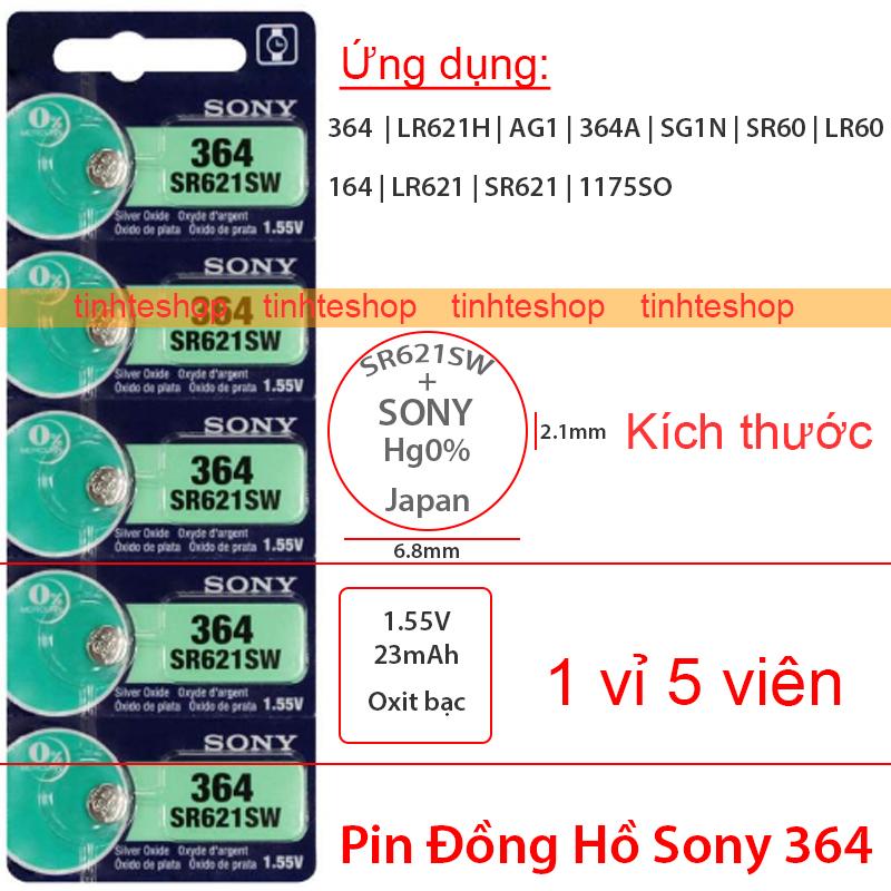 PIN đồng hồ LR621H AG1 364A SG1 SR60 LR60 164 364 LR621 SR621 1175SO Sony 1.55V-23mAh Oxit bạc 1 vỉ 5 viên