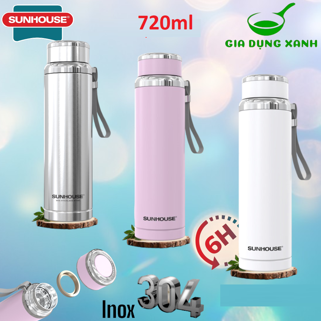 Bình giữ nhiệt inox 304 2 lớp Flexi 720 ml Sunhouse màu inox - trắng - xanh hàng chính hãng