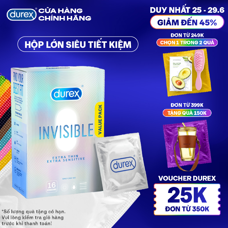 [Voucher giảm đến 45K đơn từ 349K] Bao Cao Su Durex Invisible Siêu Mỏng, Size 52 mm, Hộp 16 Bao Mới Ra Mắt - Hộp Lớn Siêu Tiết Kiệm