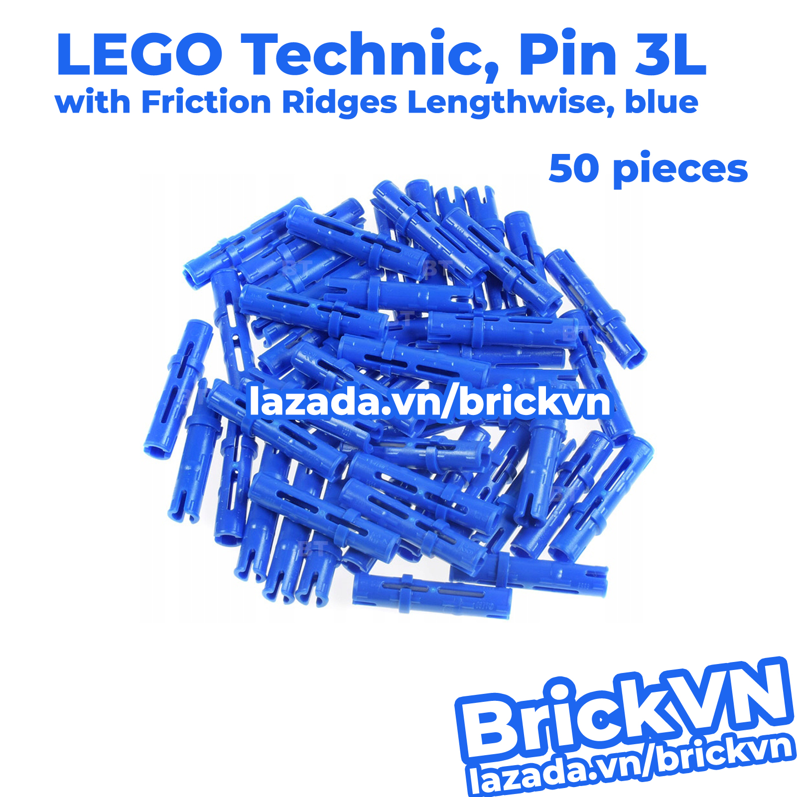 50x LEGO Blue Technic Pin 3L with Friction Ridges Lengthwise ID 4514553 6558 (50 Pieces - New)