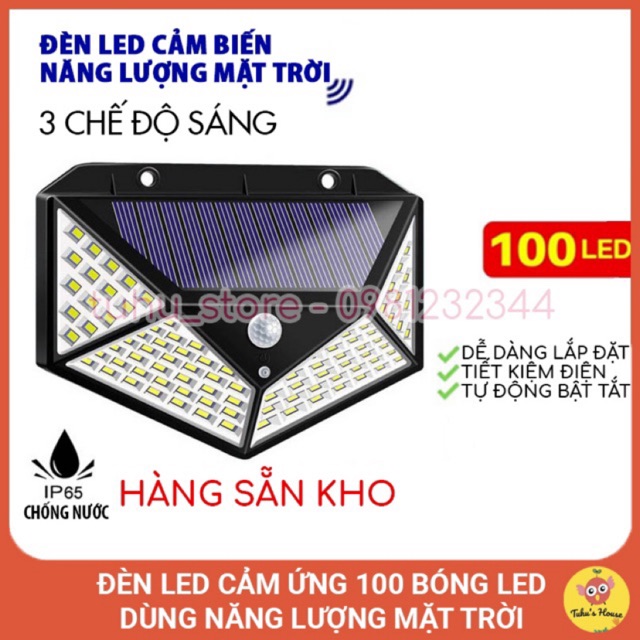 Đèn LED cảm ứng năng lượng mặt trời có 100 bóng LED, Chống Nước IP65, 3 Chế Độ Sáng, Tuổi Thọ 10000 giờ