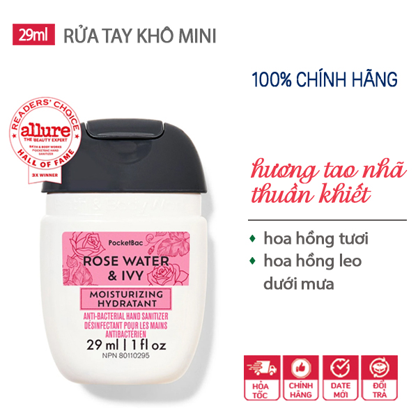   Hàng Mỹ  Gel rửa tay khô dưỡng ẩm diệt khuẩn mini hương hoa Rose Water & Ivy thanh dịu - Bath & Body Works - 29ml 