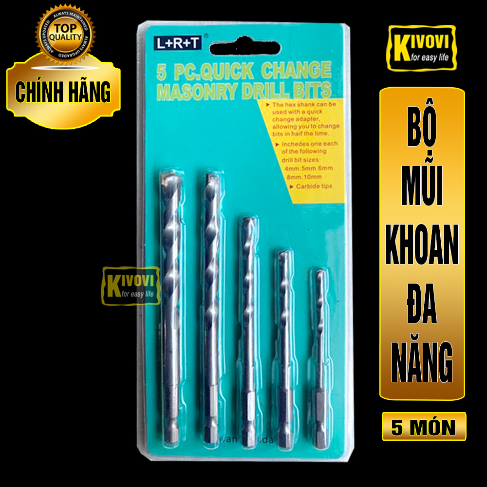Bộ 5 Mũi Khoan Đa Năng L+R+T - Mũi Khoan Đuôi Lục Giác [4-5-6-8-10mm] Khoan Tường,Bê Tông,Gạch Men, Đá,.. - Kivovi