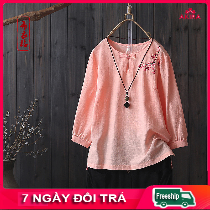 Áo kiểu nữ thu đông vải đũi thêu hoa - Áo kiểu trung niên cao cấp - Thời trang phong cách Nhật