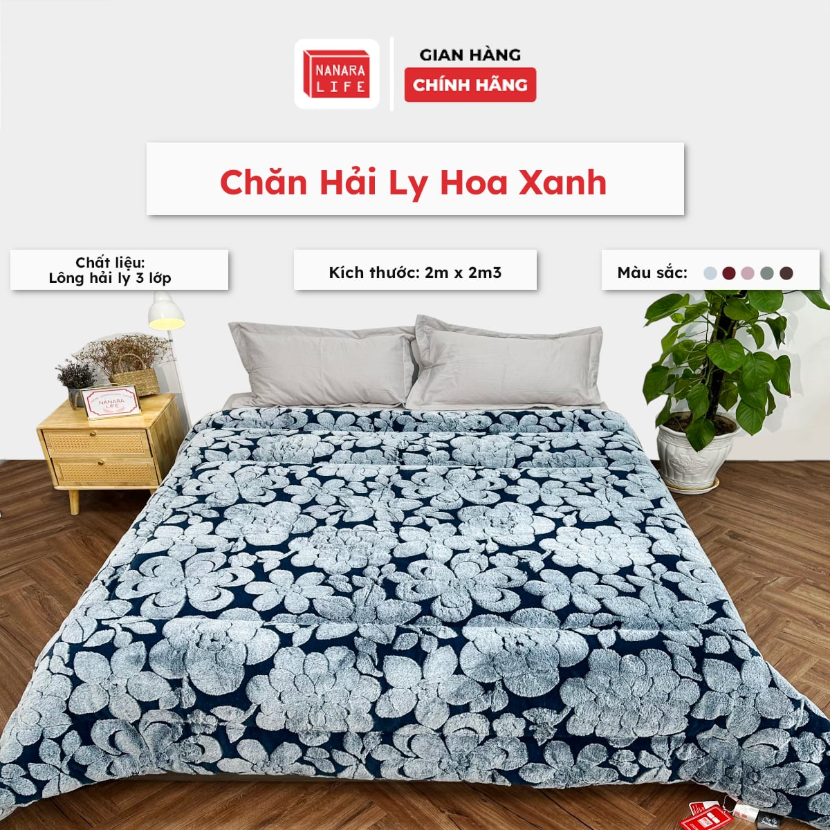 Chăn Hải Ly 3 Lớp Nanara Life - Hoa Xanh