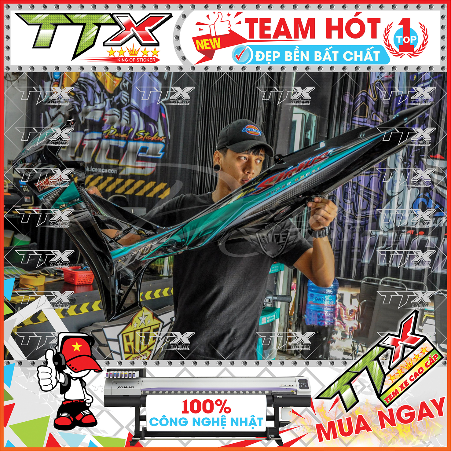 Tem rời sirius lốc xoáy cuộn , Team chế sirius dán xe màu xanh nền đen siêu đẹp , Shop TTX Tem xe sirius