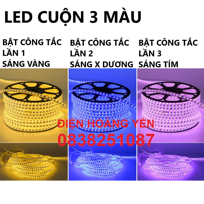 Đèn led dây 5730 100m 220v 3 chế độ xanh dương – vàng – tím