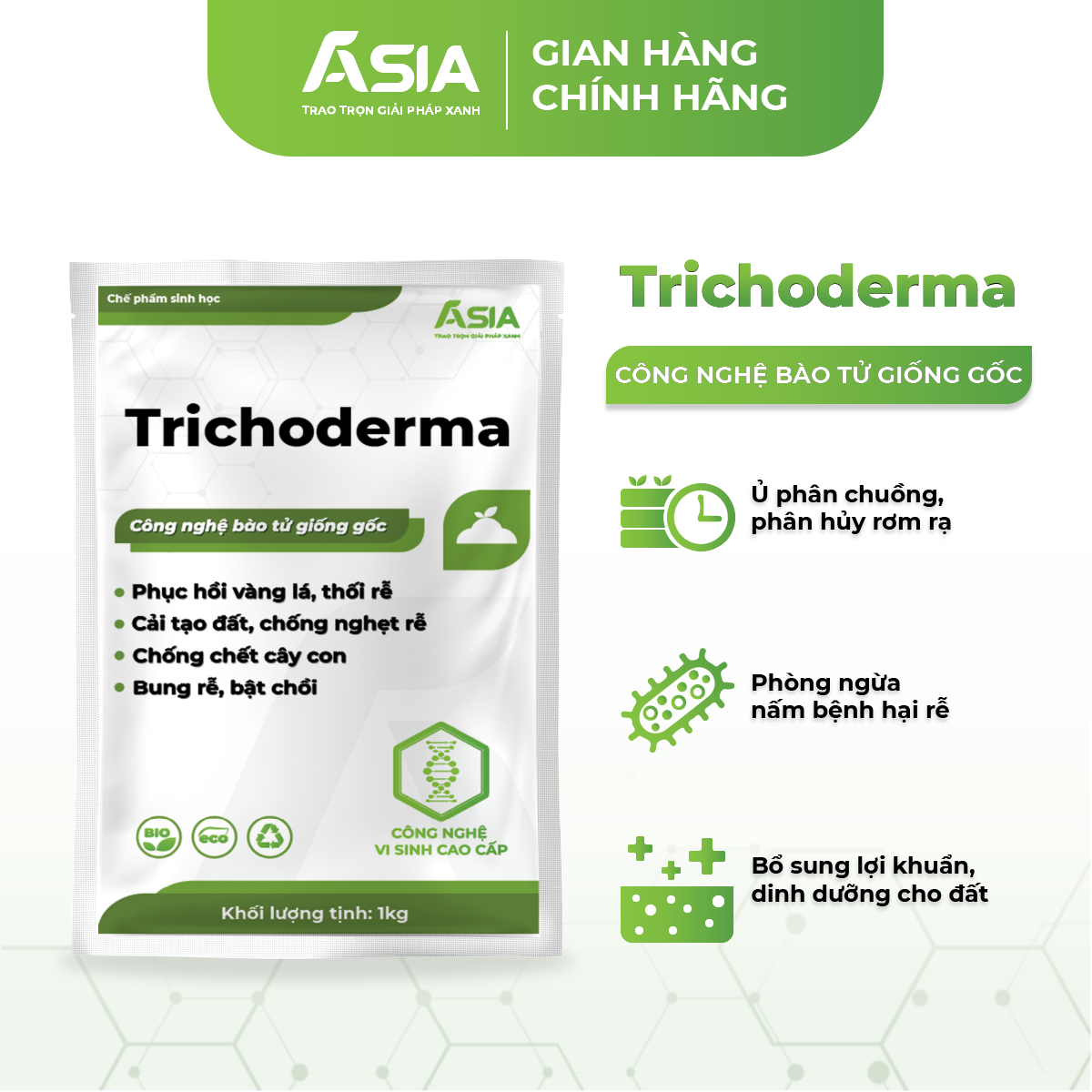 Trichoderma phục hồi vàng lá, chống thối rễ, ủ phân, rơm rạ Chế phẩm sinh học 1kg Asia