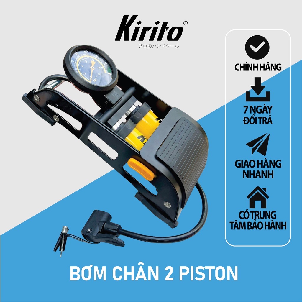 Bơm xe máy đạp chân Kirito bơm xe đạp ô tô 2 ống khỏe nhanh đầy hơi
