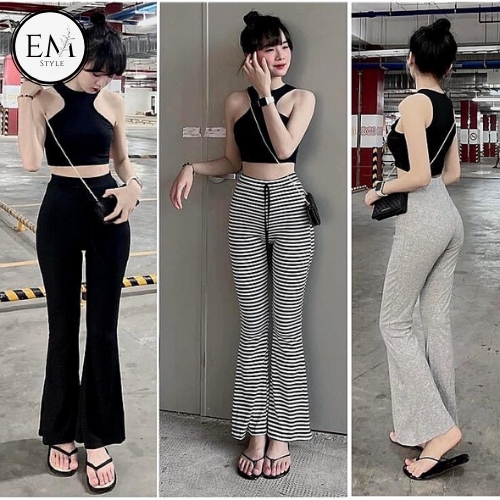 Quần ống loe nữ dáng dài, quần loe kẻ thun, quần hack dáng co dãn EM Style