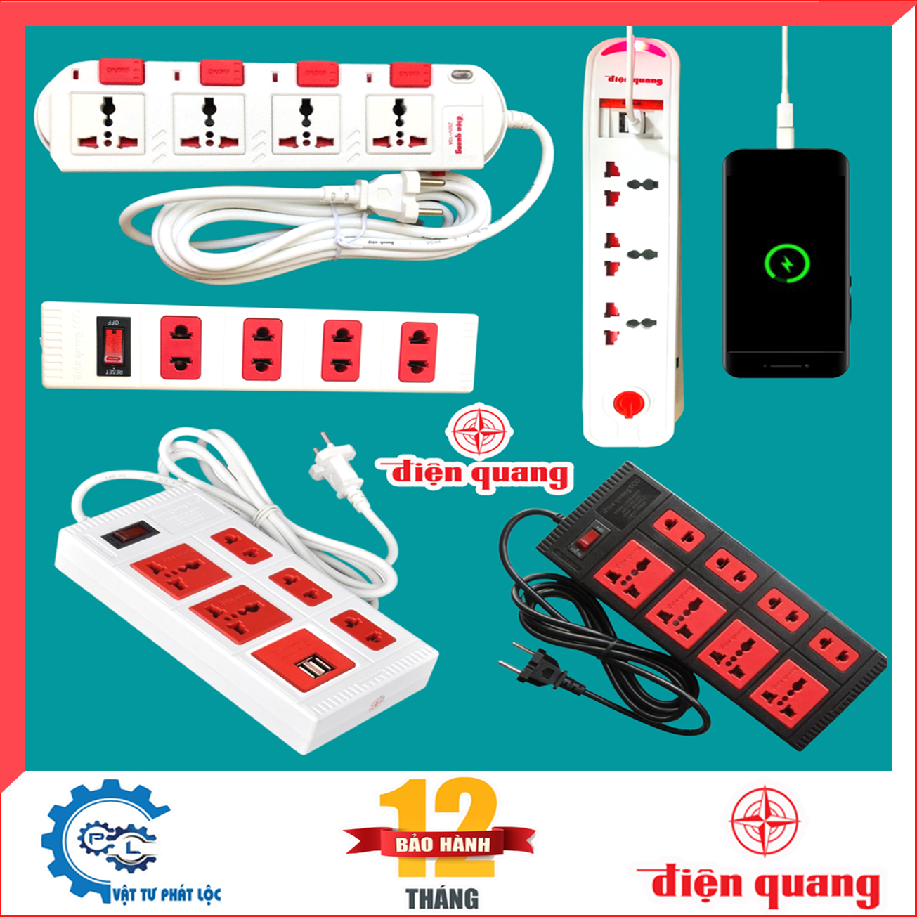 Ổ cắm Điện Quang ( Ổ điện 2 lỗ, 3 lỗ, 4 lỗ, 5 lỗ, 6 lỗ, 8 lỗ dây dài 2m/5m màu trắng, đen, đỏ )