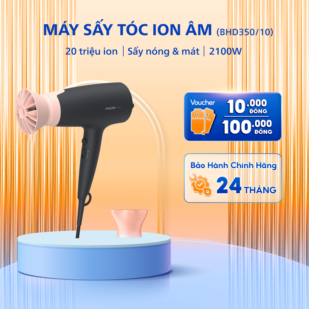 Máy sấy tóc Philips BHD350/10 - Sấy khô tóc mạnh mẽ  - 20 triệu ion chăm sóc tóc - công suất 2100W bảo hành chính hãng  2 năm