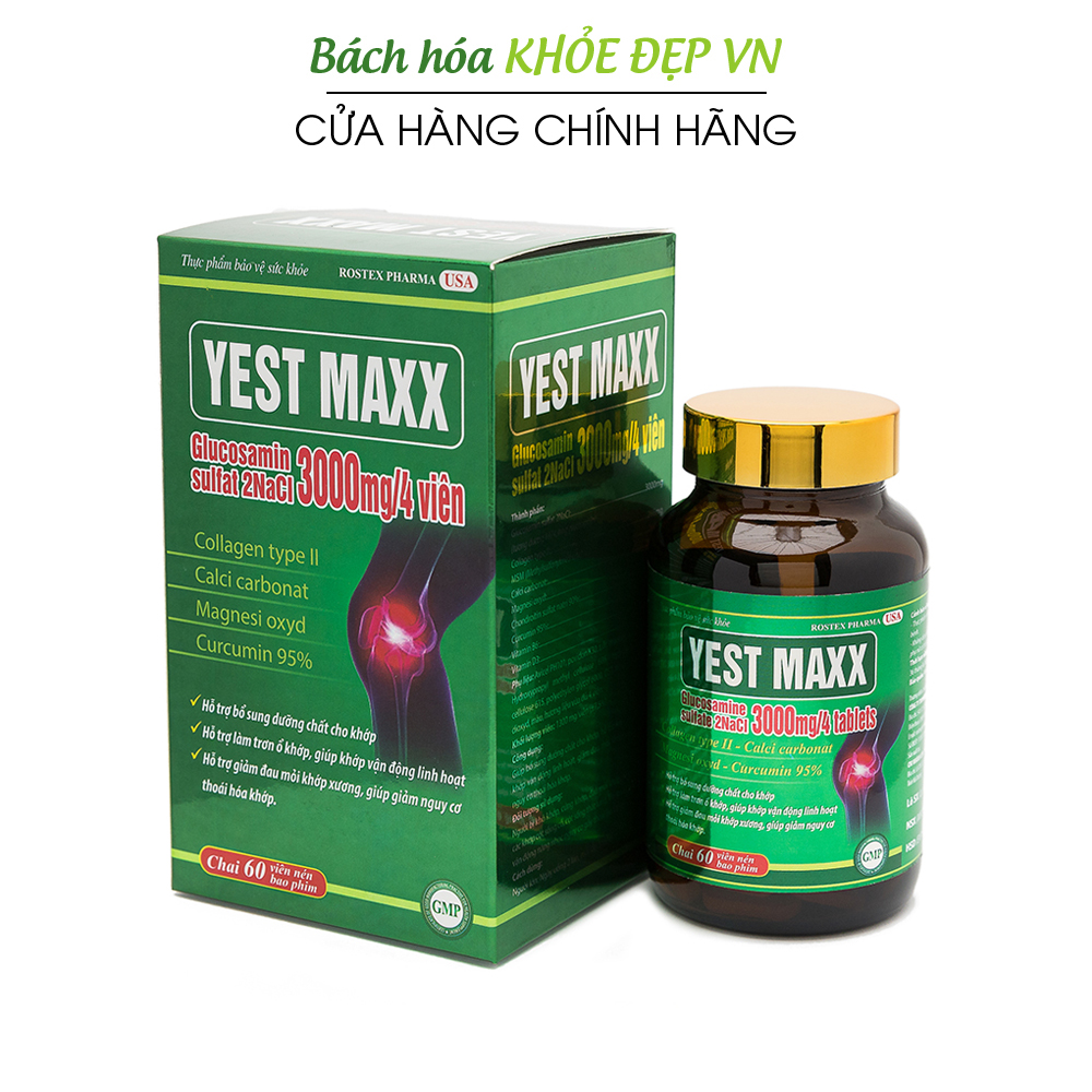 Viên uống bổ xương khớp Yest Maxx Glucosamin 3000mg giảm đau nhức mỏi xương khớp, giảm thoái hóa khớp - Chai 60 viên