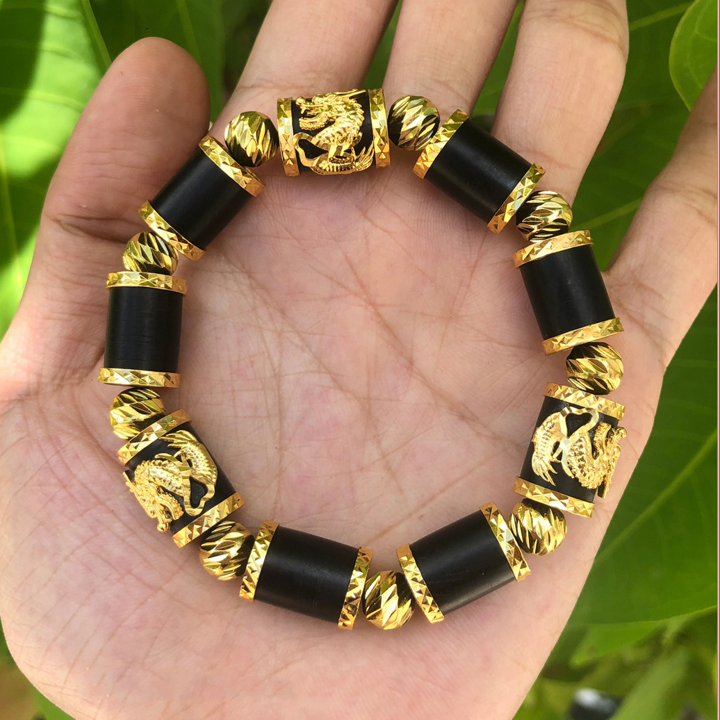 Vòng Trầm Hương mix Rồng vàng non cao cấp cho Nam