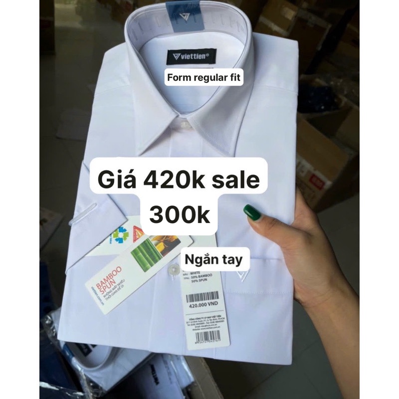 Áo sơ mi trắng Việt Tiến ngắn tay giá mác 420k và 300k form regular fit còn size 38