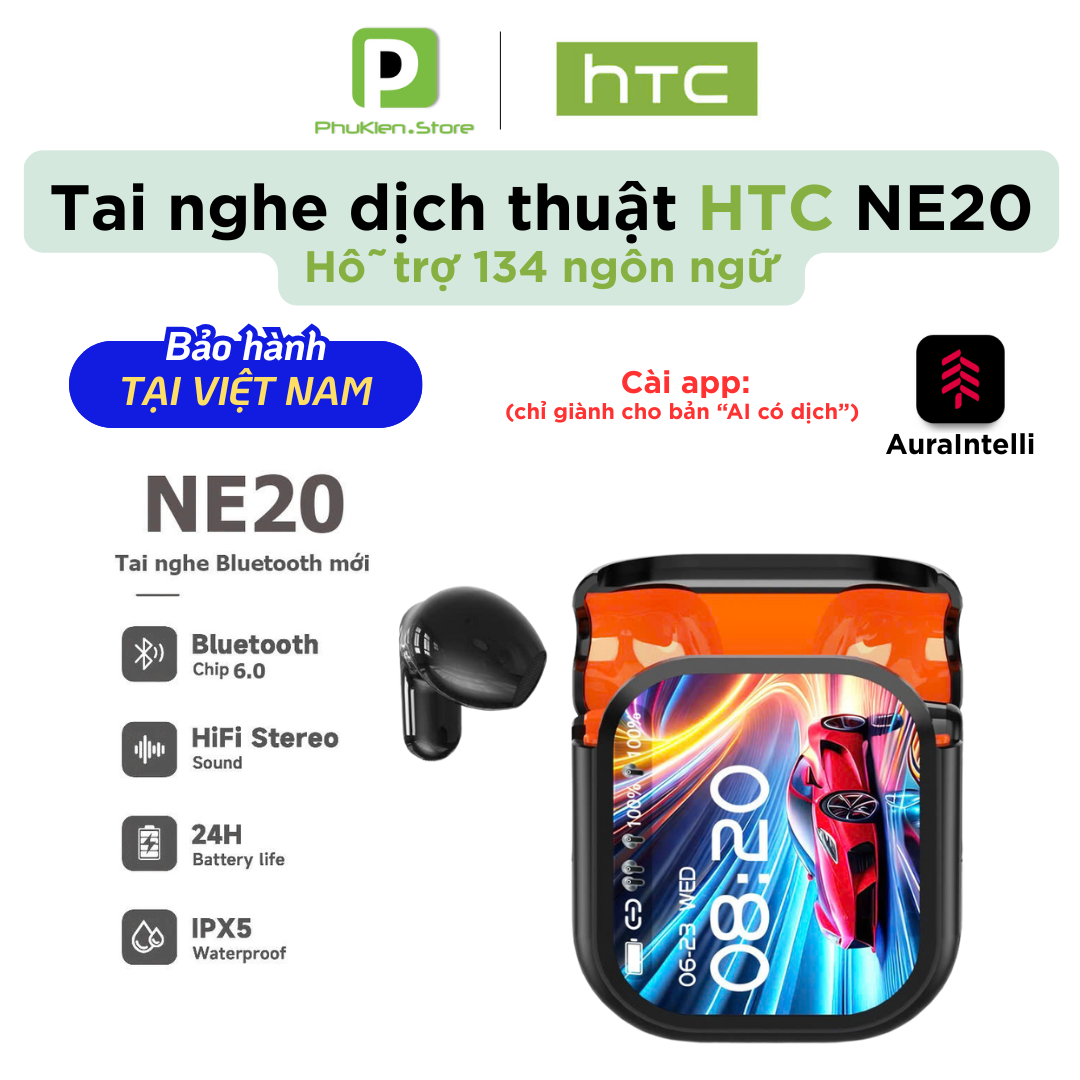 Tai Nghe True Wireless Phiên dịch 134 ngôn ngữ HTC NE20 | Có màn hình LED Tiếng Việt