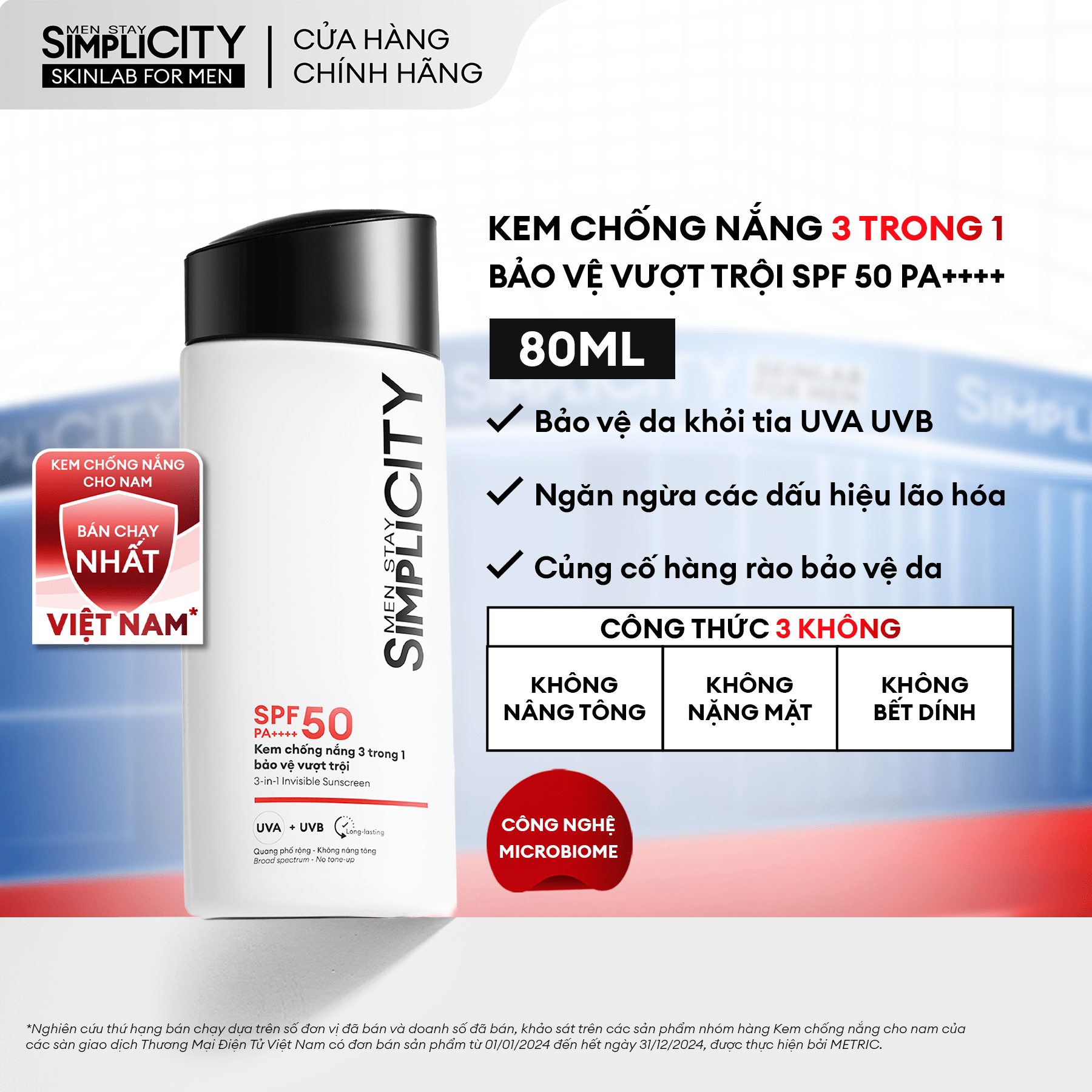 Kem chống nắng cho nam 3 trong 1 bảo vệ vượt trội SPF 50 PA++++ Men Stay Simplicity Invisible Sunscreen 80ml