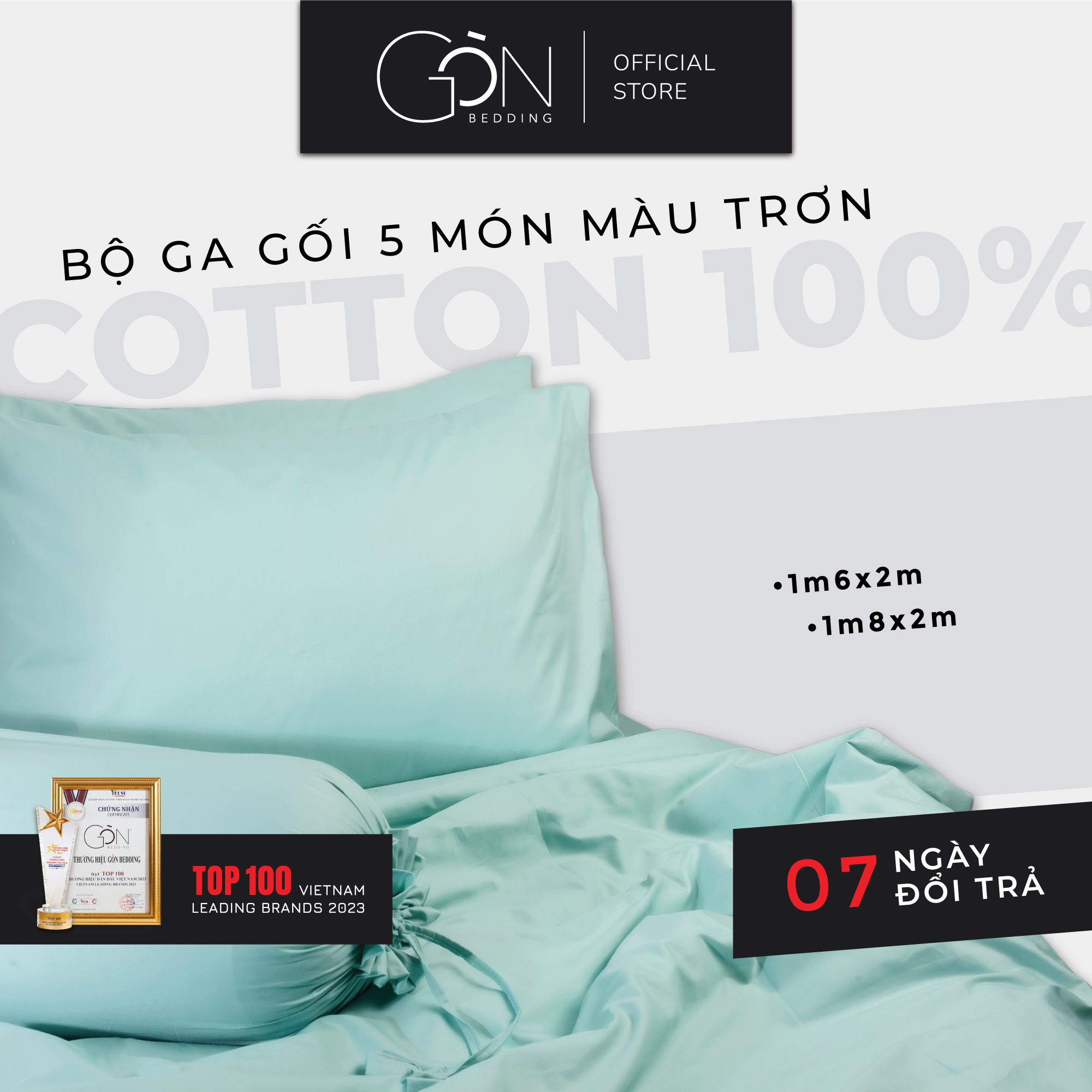 Bộ Chăn Ga 5 Món Gòn Bedding Cotton 100 Màu Trơn 1m6x2m 1m8x2m