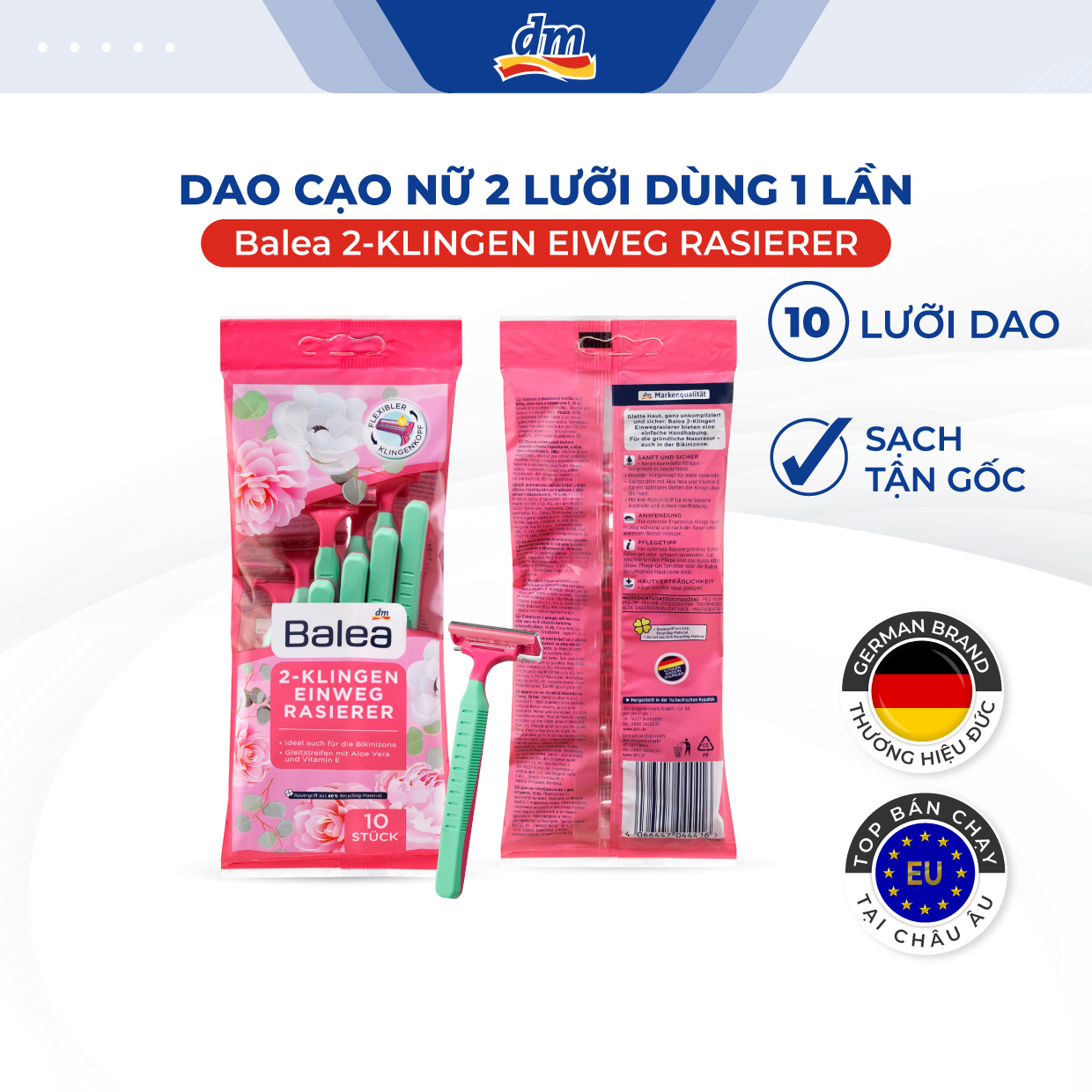 Dao cạo nữ 2 lưỡi dùng 1 lần Balea 2-Klingen Einwegrasierer, 5 cái
