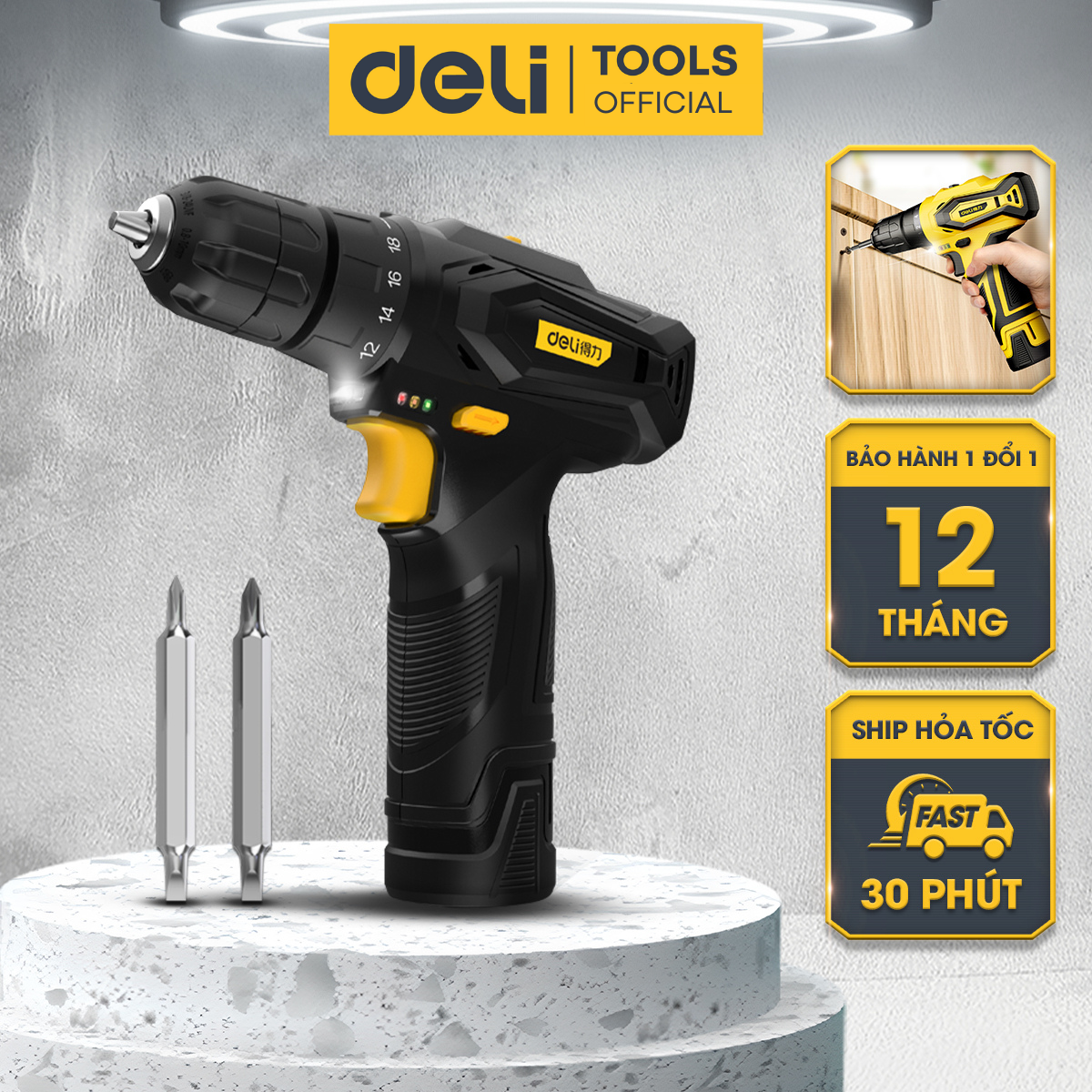 Máy khoan bắt vít sạc pin 12v chính hãng deli - bảo hành 1 đổi 1 12 tháng miễn phí - khoan tường bắt vít đa chức năng
