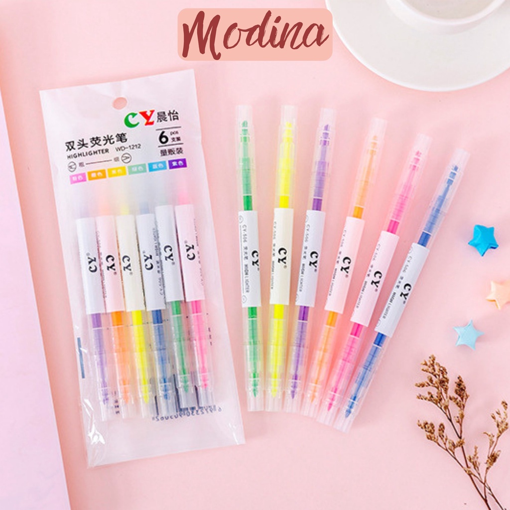Bút nhớ hai đầu 6 màu dạ quang dùng highlight dòng có 6 màu 1 set