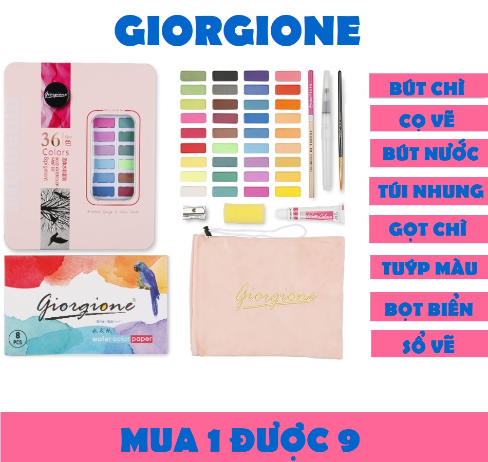 Màu nước dạng nén Giorgione hộp thiếc 36/48 màu. Màu vẽ cao cấp kèm bút nước, cọ, chì, gọt, pallete
