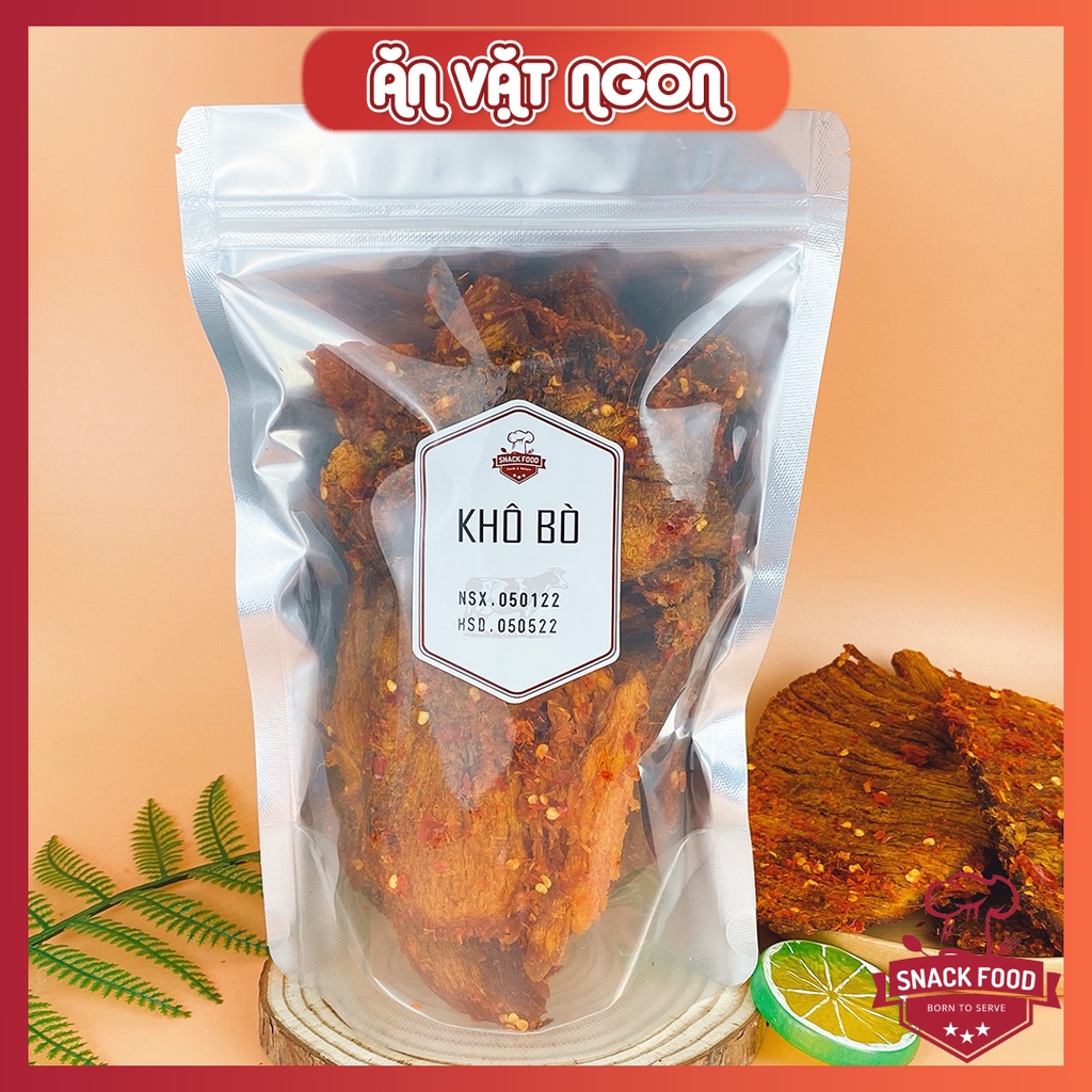 500g khô bò miếng to mềm hồng ngự, túi zip, ăn vặt snack food