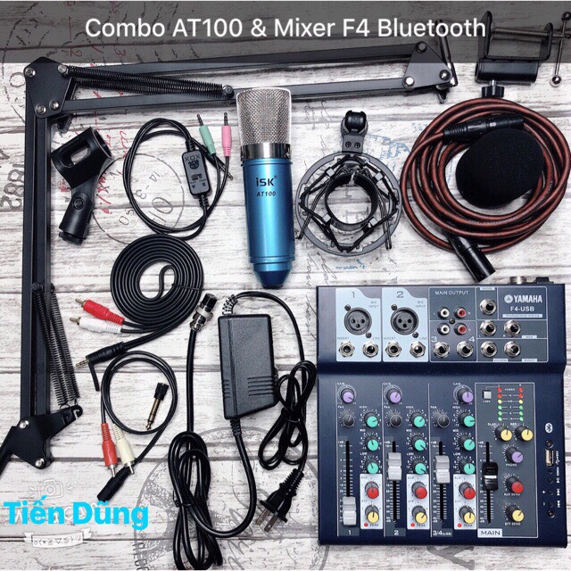 Bộ mic thu âm ISK at100 và bàn mixer F4 Bluetooth chân dây live stream