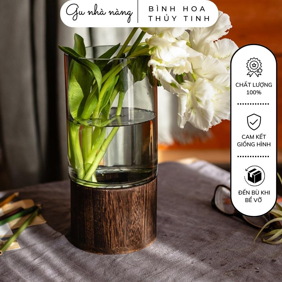 Bình hoa thủy tinh đế gỗ decor phòng ngủ và phòng khách cao cấp