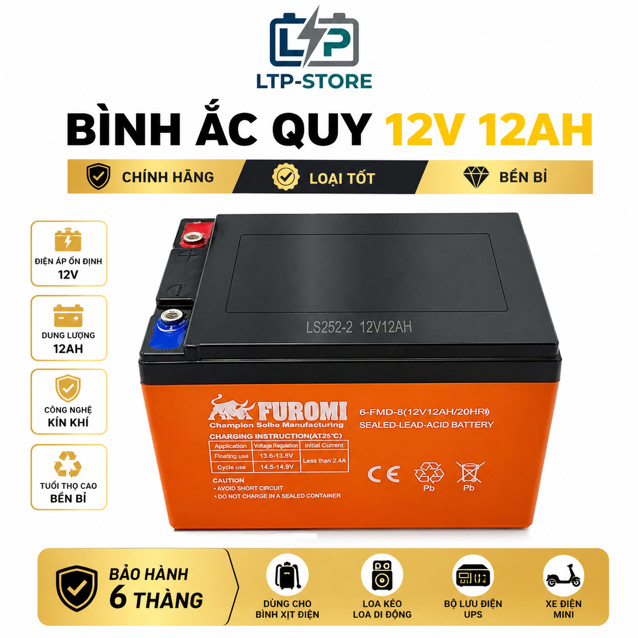 12V – 12Ah Battery for Electric Sprayers, Loudspeakers, Ups, Electric Vehicles (6 Months Warranty) Giá 466,000 Đồng*Miễn phí vận chuyển