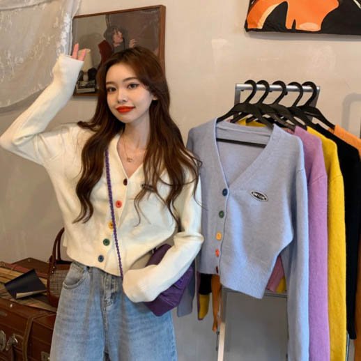 Áo khoác cardigan nữ áo khoác len dài tay phối cúc nhiều màu trẻ trung