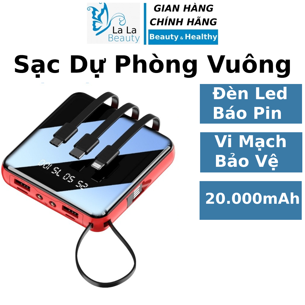 Pin Sạc Dự Phòng Hình Vuông 20000 Mah Chính Hãng Có Sạc Nhanh Cáp 3 Cổng Sạc Iphone Xiaomi Samsung Oppon Mini Cute LaLa Cosmetic