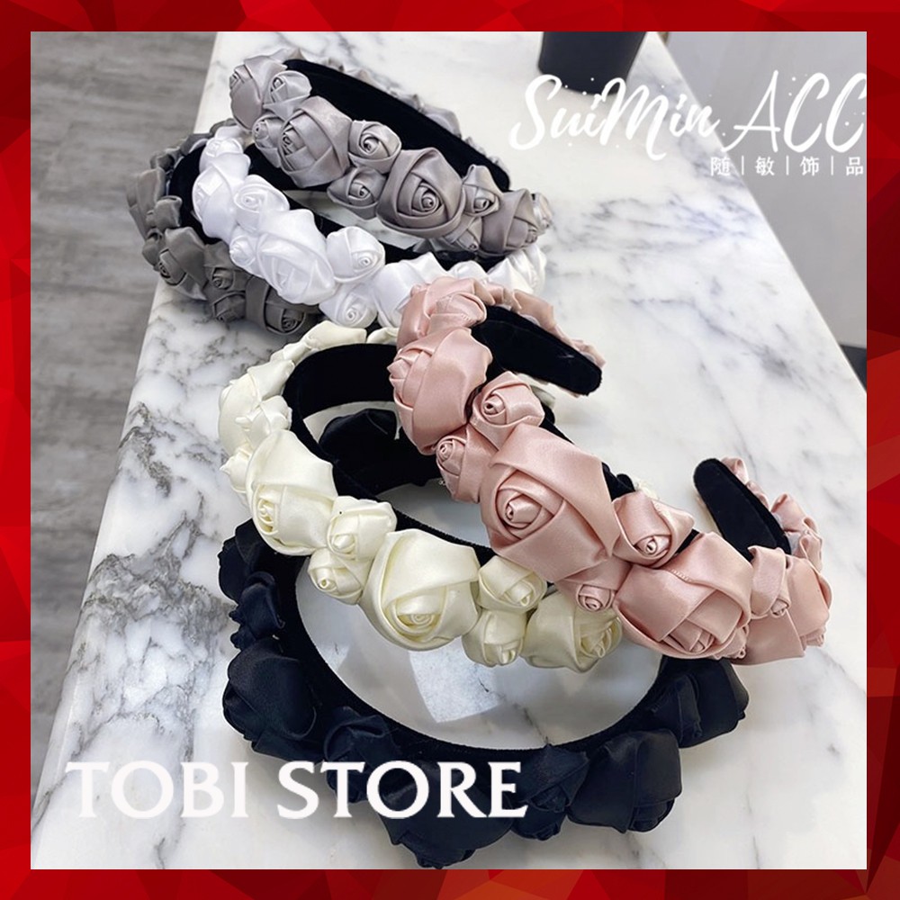 Bờm tóc hoa hồng phiên bản mới chất lụa satin bóng tobi store tb353