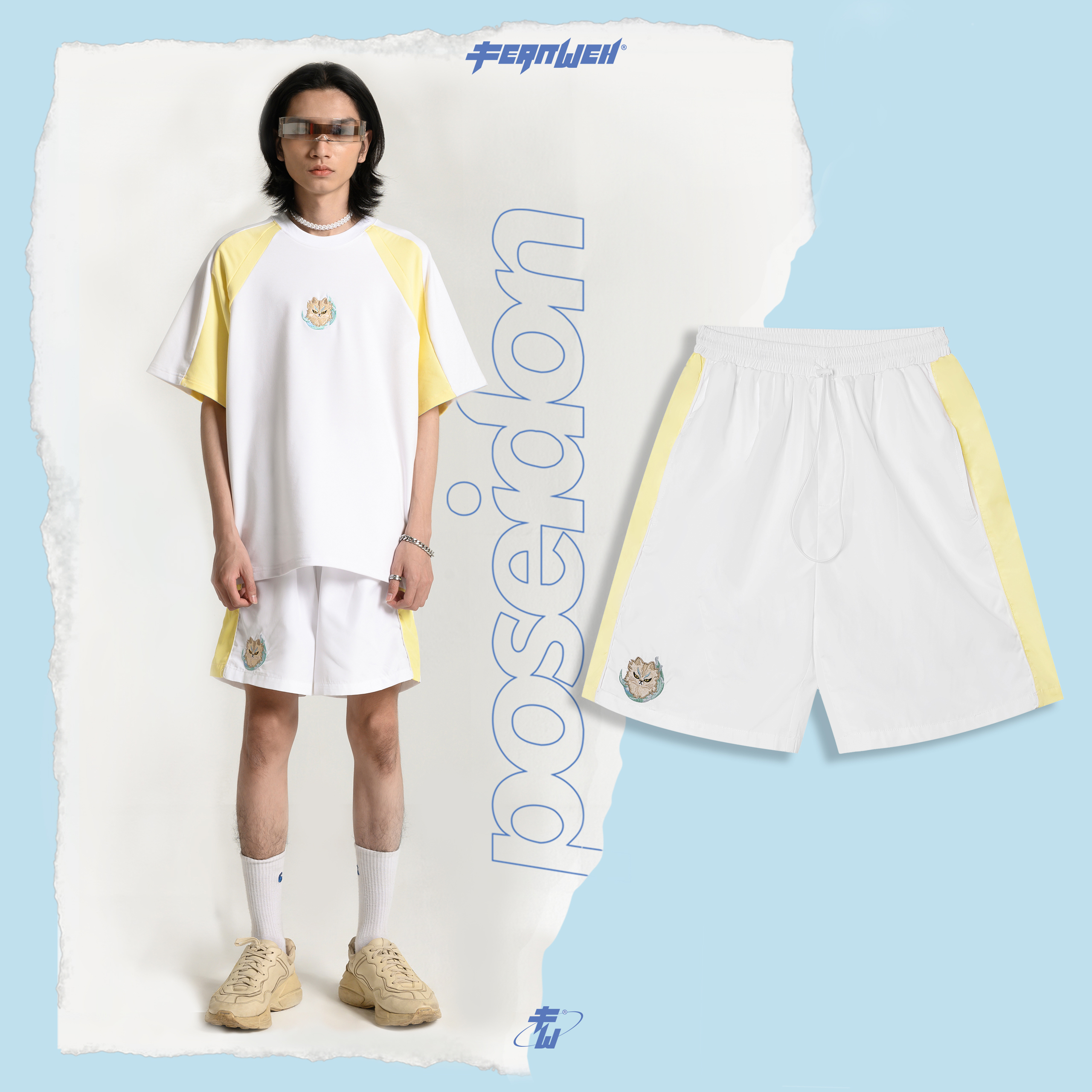 quần short poseidon Fernweh god of sea ống rộng white yellow streetstyle