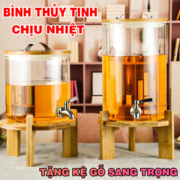 [ TẶNG KỆ GỖ CAO CẤP ] Bình Thủy Tinh Chịu Nhiệt Cao Cấp Hadasa Có Kèm Vòi - Bình Thủy Tinh Ngâm Rượu - Bình Đựng Nước Detox - Bình Đựng Nước