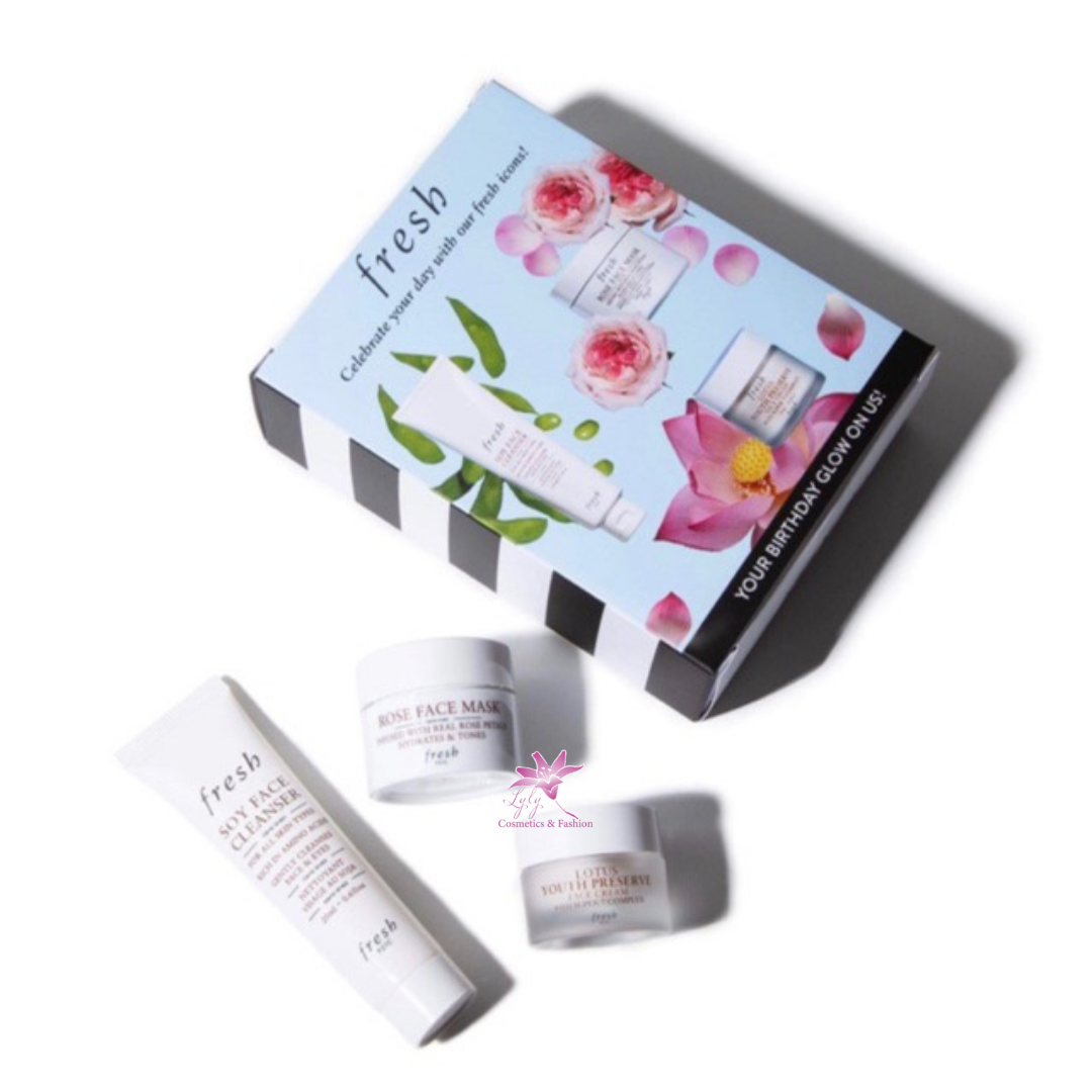 [FRESH SET DƯỠNG DA]  HAPPY BIRTHDAY, FRESH FAMILY SET - SOY FACE CLEANSER, ROSE FACE MASK, LOTUS YOUTH PRESERVE FACE CREAM