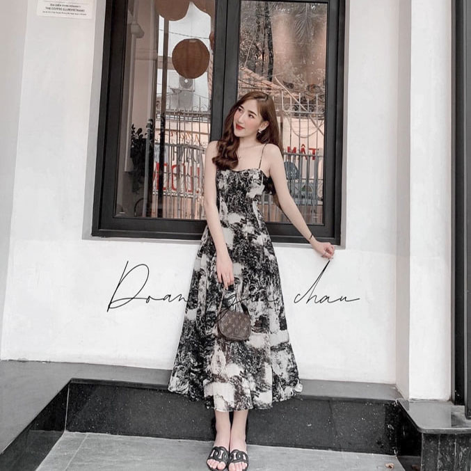 [HCM]Đầm macxi  đi tiệc nữ 2 dây phối họa tiết 3d chất vải mango mềm mịn 2 lớp có mút ngực sịn xò thời trang thuydieushop97 đ6