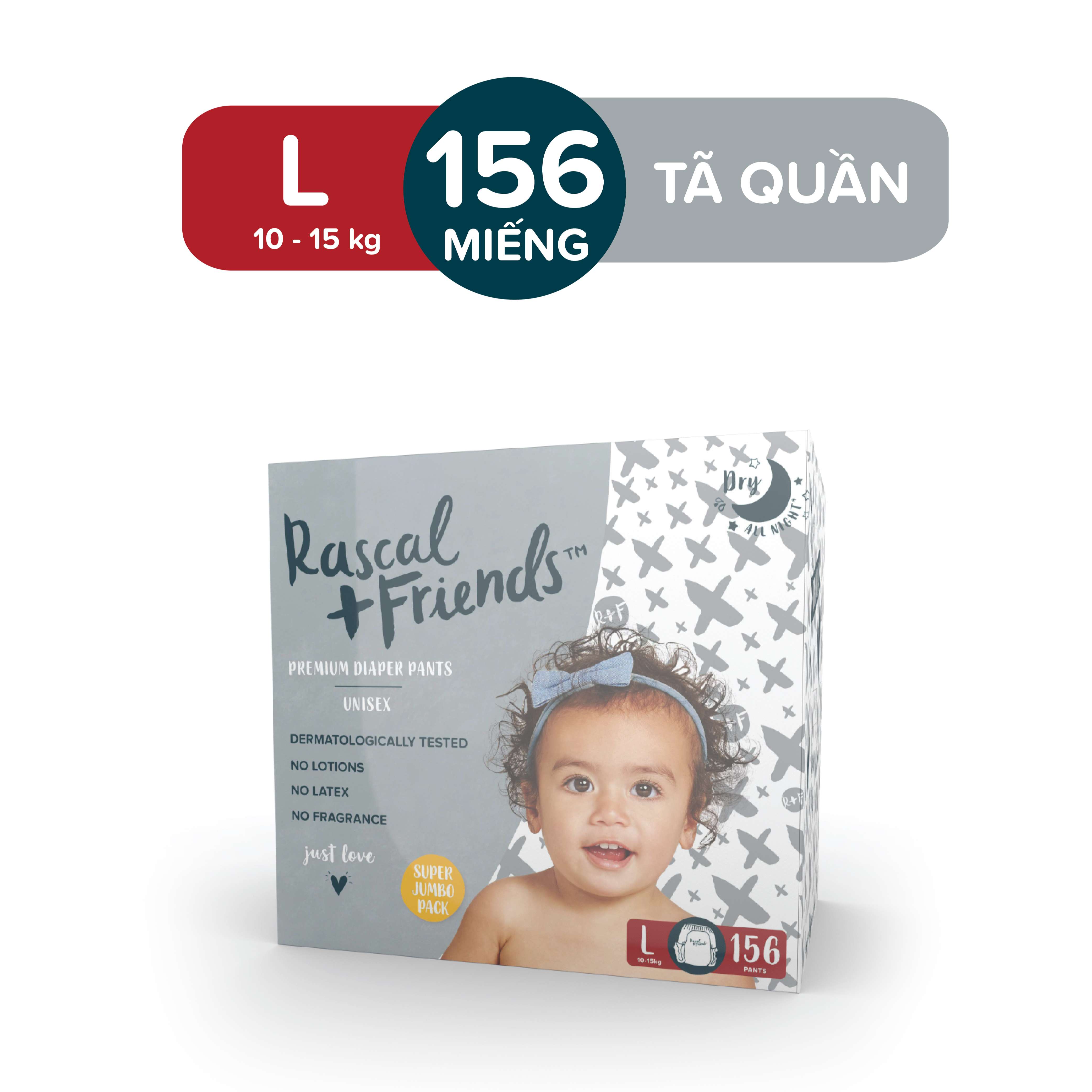 Thùng 3 bịch tã/bỉm quần rascal + friends size l 156 miếng
