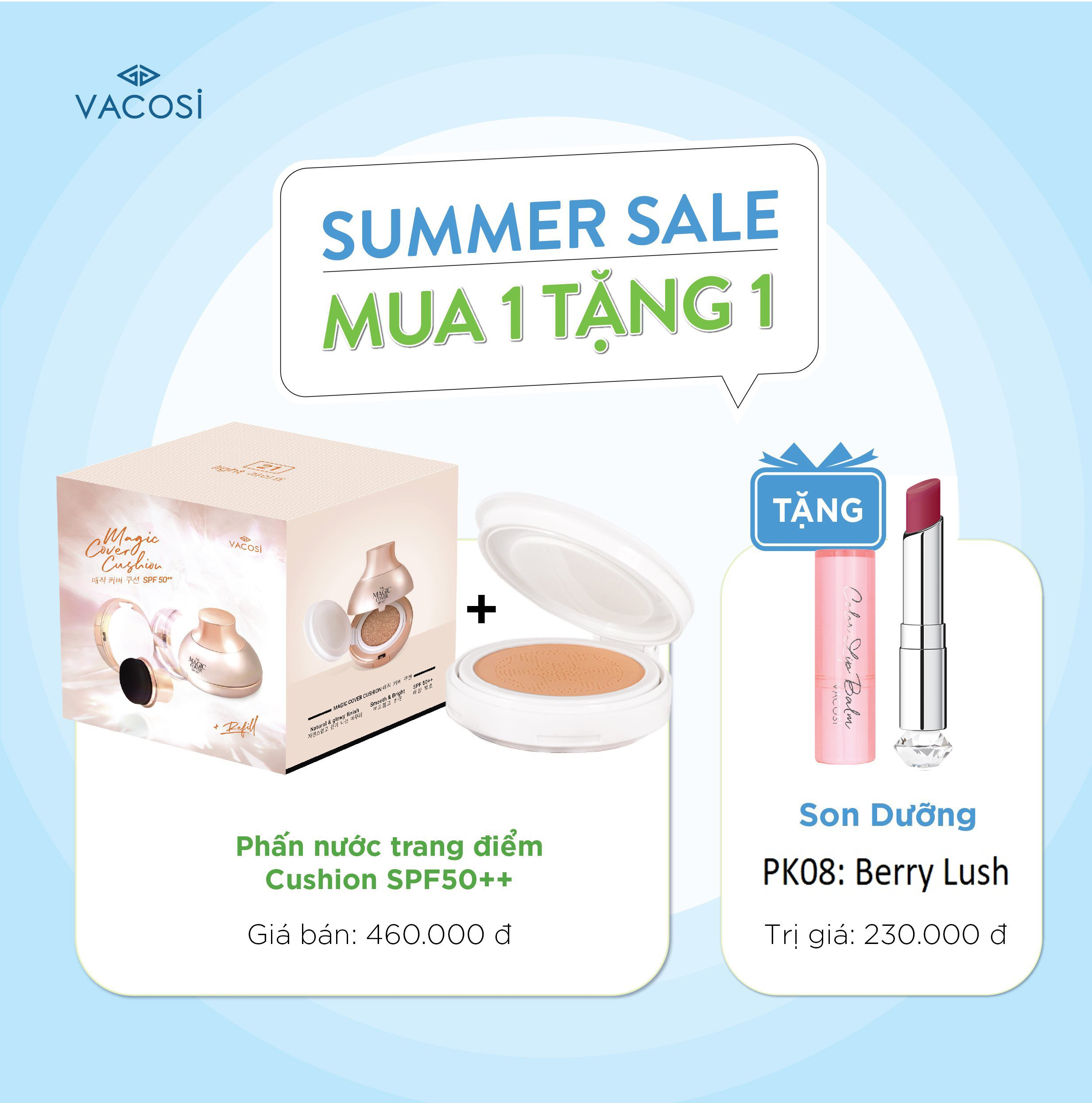 Vacosi phấn nước kiềm dầu, che khuyết điểm hoàn hảo magic cover cushion spf50++ 13g