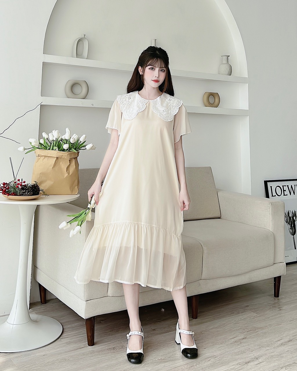 Váy bầu, đầm bầu tơ lụa 2 lớp dáng suông, cổ ren