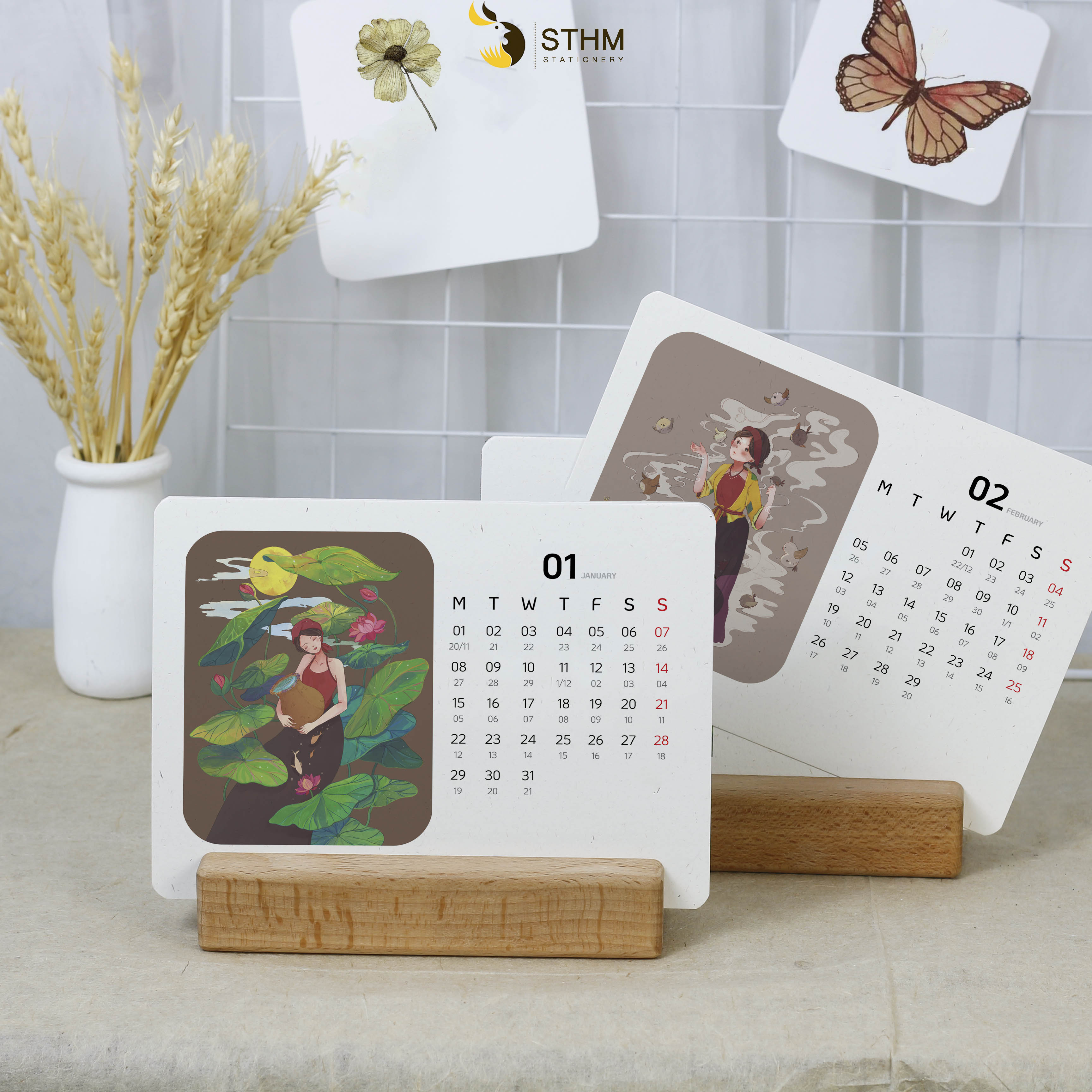 Lịch bàn đế gỗ nhiều mẫu Tranh vẽ Giấy mỹ thuật 220gsm Có lịch âm dương STHM stationery