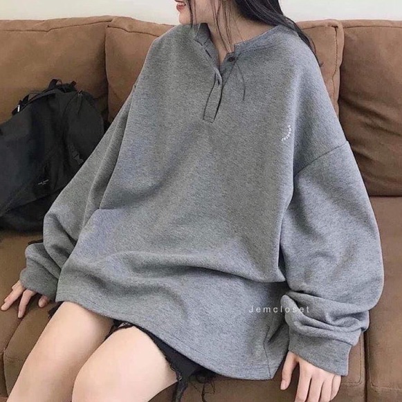 Áo thêu cúc cổ unisex 2 màu trắng xám chất nỉ cotton xịn/áo nỉ xám thêu chữ sweater fom rộng