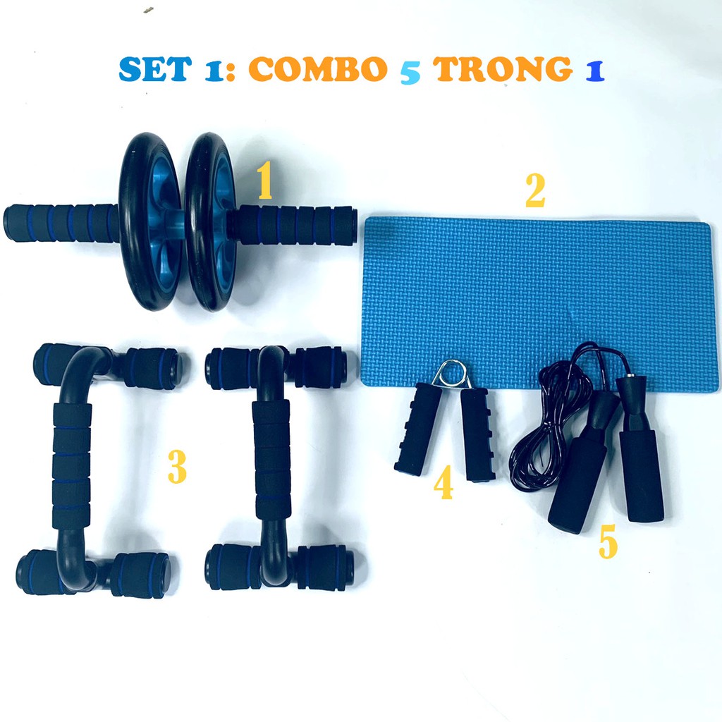 Bộ dụng cụ 5 món tập cơ tay, bụng, hít hất, con lăn - bộ dụng cụ hít đất đa năng - yêu thể dục thể thao