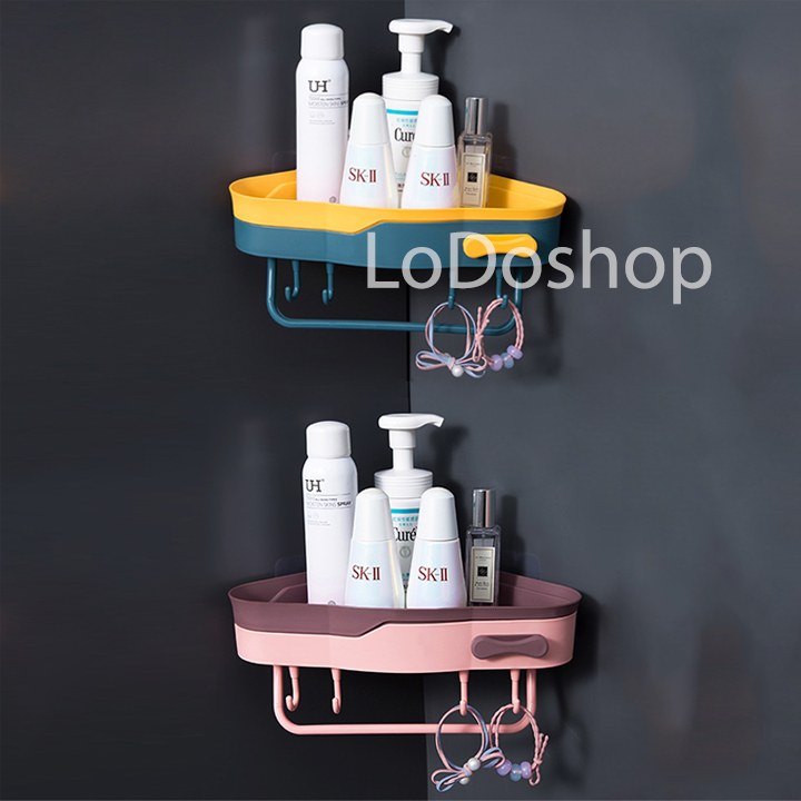 Kệ góc nhà tắm dán tường bằng nhựa có 4 móc và nơ máng khăn  bông tắm - Kệ góc tường hình tam giác để bàn chải  dầu gội  kem đánh răng - Đồ dùng nhà vệ sinh  Kệ gia vị nhà bếp