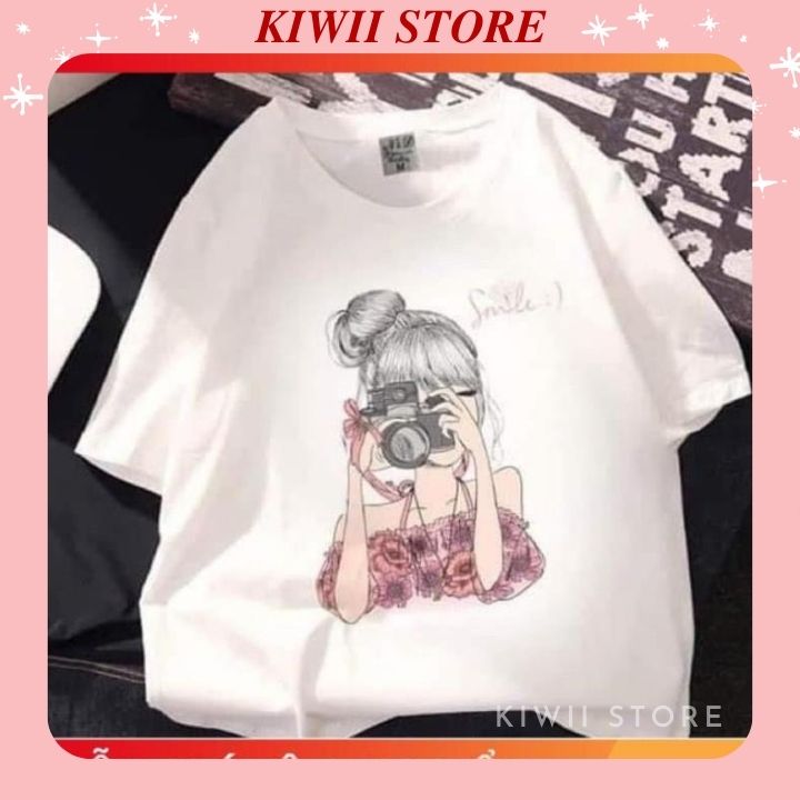 💖siêu yêu💖 áo thun tay lỡ form rộng, áo phông nữ in hình cô gái chụp ảnh