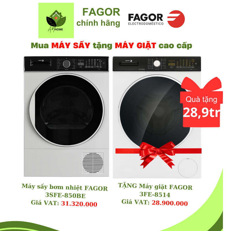 Máy sấy bơm nhiệt 8Kg FAGOR 3SFE-850BE TẶNG Máy giặt FAGOR 8KG cao cấp