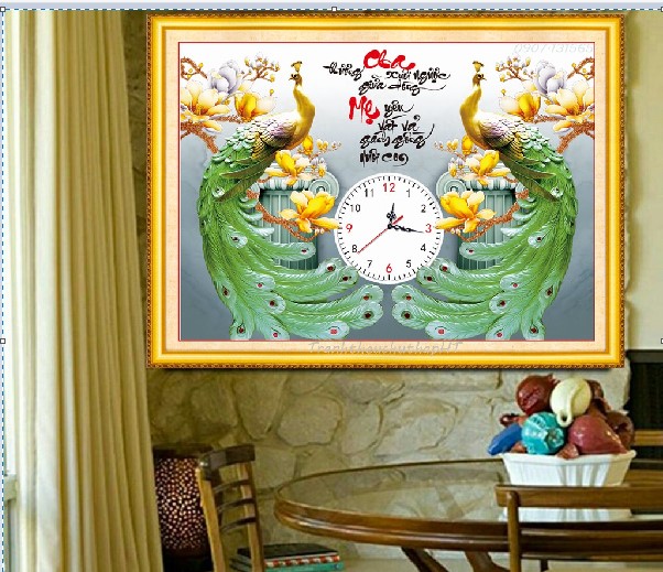 Tranh đính đá đồng hồ cha mẹ kt 66x52 cm