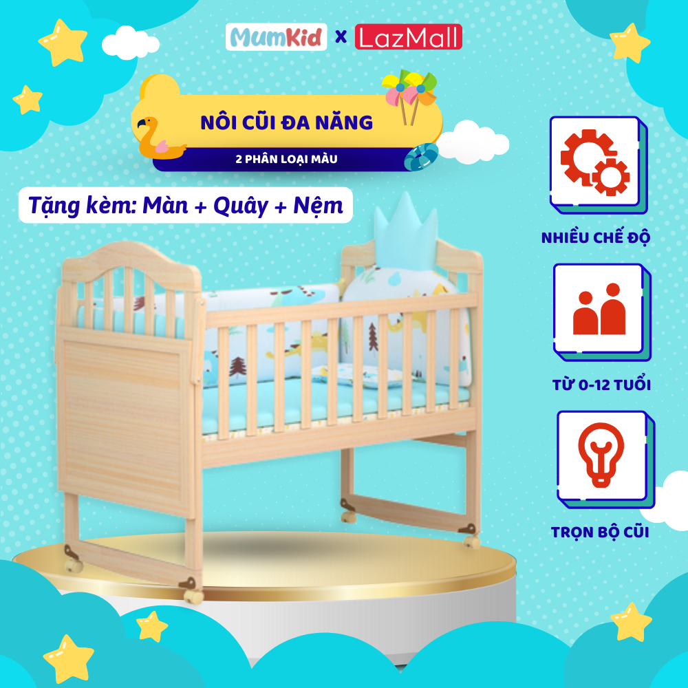Nôi cũi cho em bé MumKid, cũi đa năng 6 chế độ tiện lợi cho mẹ&bé, sử dụng từ 0 đến 12 tuổi (Tặng màn, quây nệm)